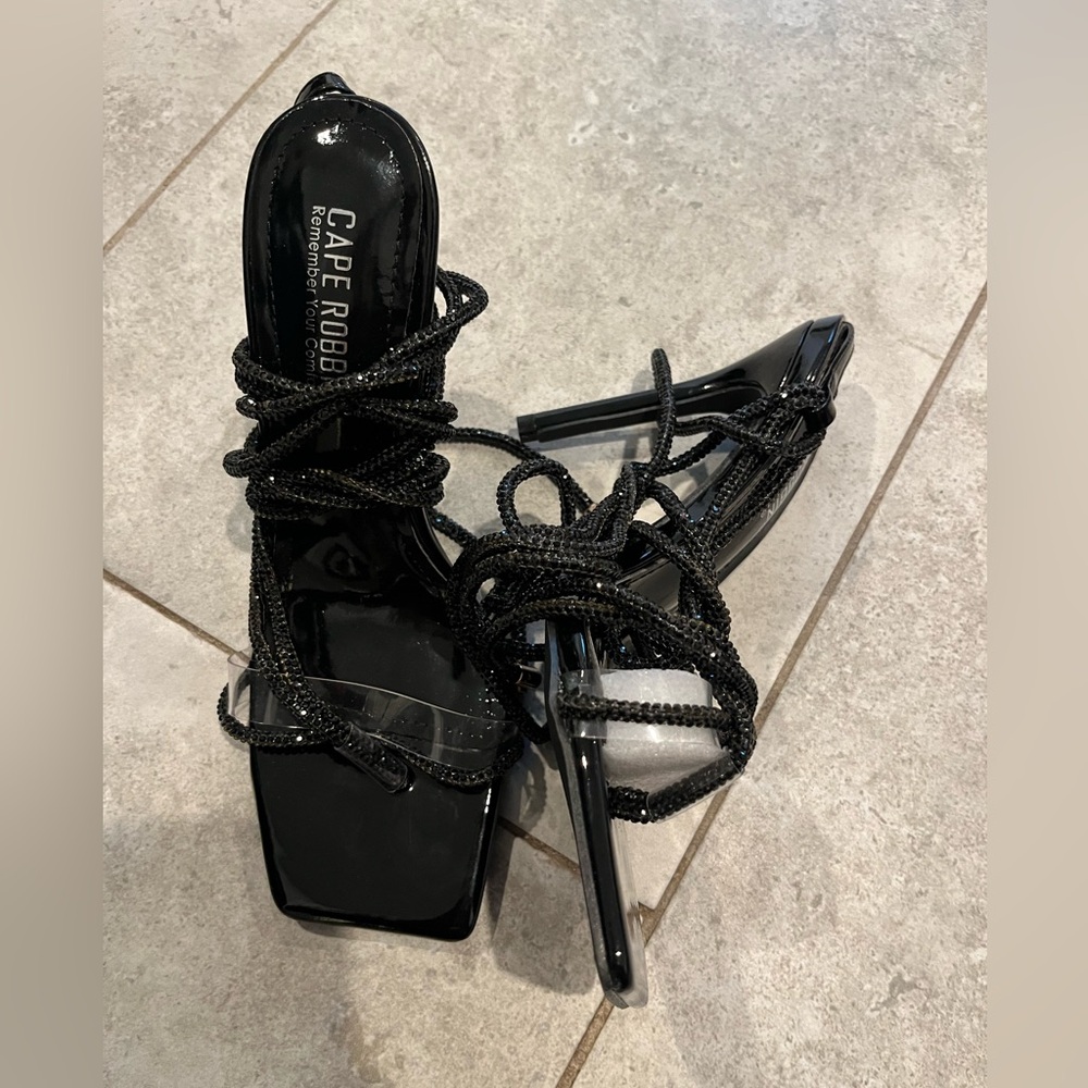 Black mule heels with bling lace